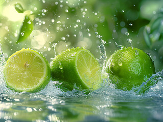 Fresh green lemon with water splash on nature background. Shallow depth of field