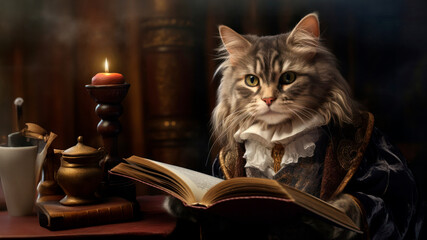 Cute smart cat with candle reading book or study with a place for text. Colorful education illustration for children. Back to school concept