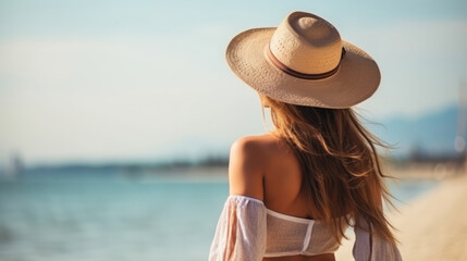 Fototapeta na wymiar A lovely brunette woman in a swimsuit and straw hat walking by the seaside in summer morning.