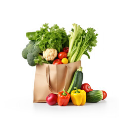 Fresh vegetables in paper shopping bag on white background.