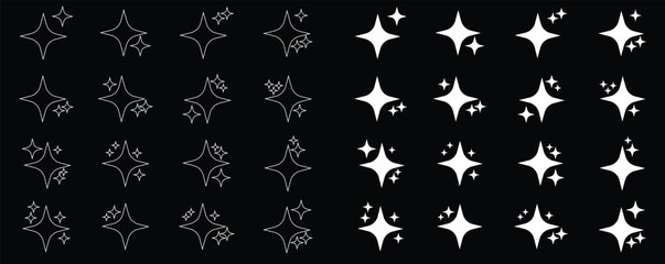 Retro futuristic sparkle icons collection. Set of star shapes. Abstract cool shine effect sign black flat or line vector design . Templates for design, posters, projects, banners, logo, business cards