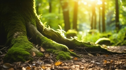 Moss covered tree root with foliage in the foreground and sun light in the background. a3c0146f2