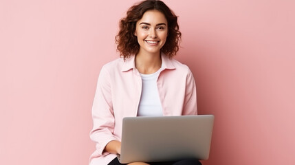 Naklejka premium Portrait of a smiling young woman sitting with legs crossed, using laptop computer isolated over pink background.