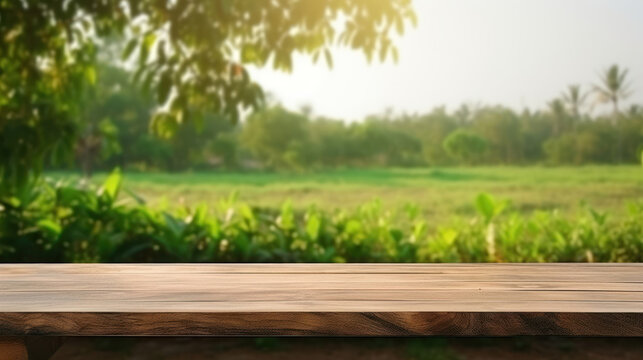 Tree Table wood Podium in farm display for food, perfume, and other products on nature background, Table in a farm with grass, trees, and Sunlight in the morning.