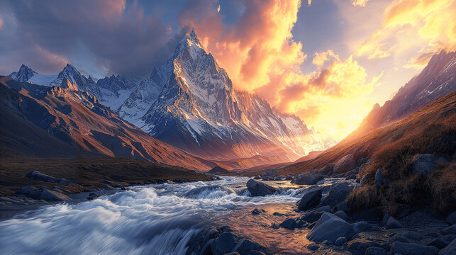 Sunset Over Rushing River and Snow-Capped Mountains