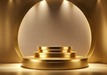 Golden podium with round stage and spotlights. 3D rendering