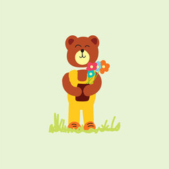 Fototapeta premium Cute Bear holding flowers vector illustration for fabric, textile and print