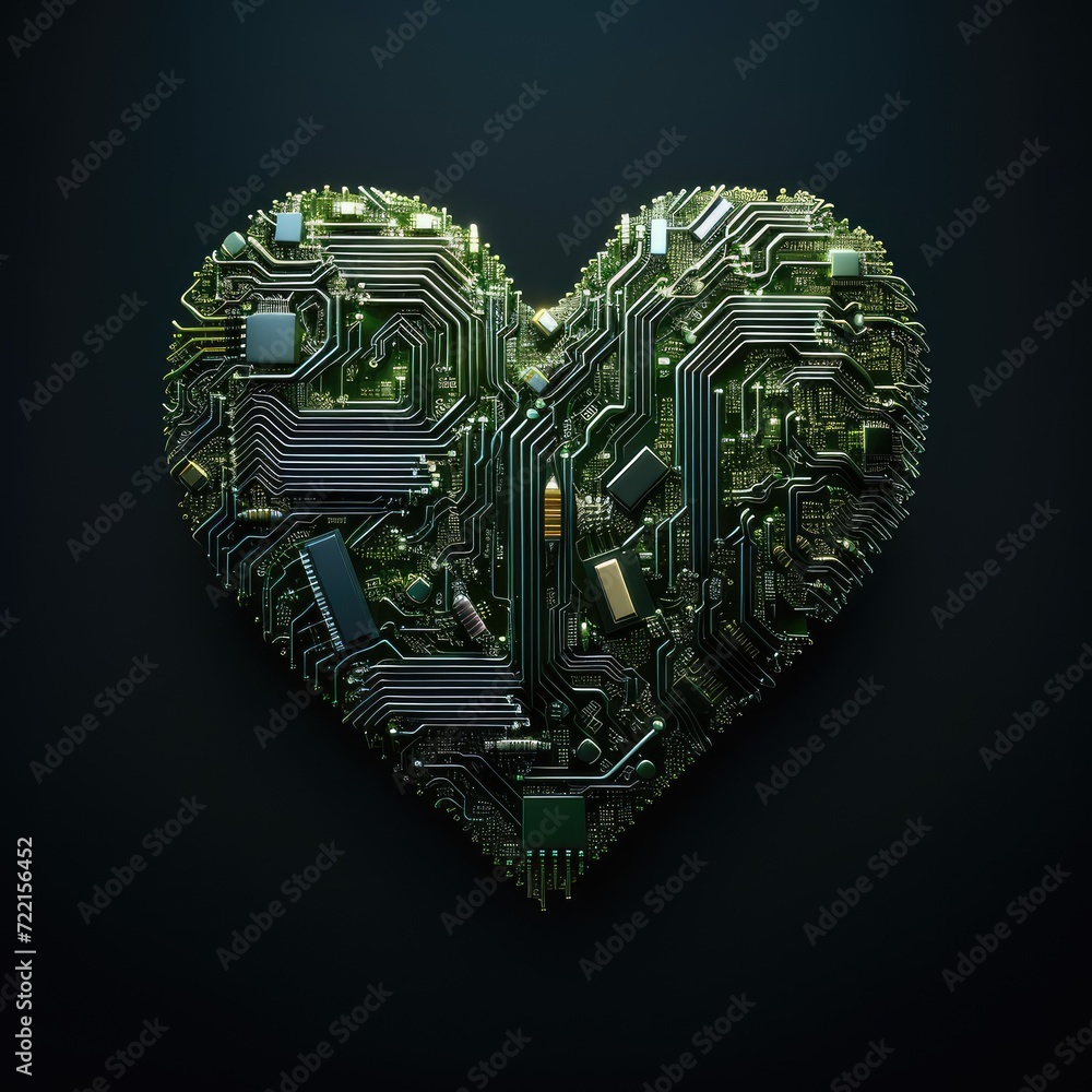 Poster heart shaped like a microchip. technologies and life. ai generative.