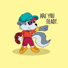 Cute Wolf playing baseball vector illustration for fabric, textile and print