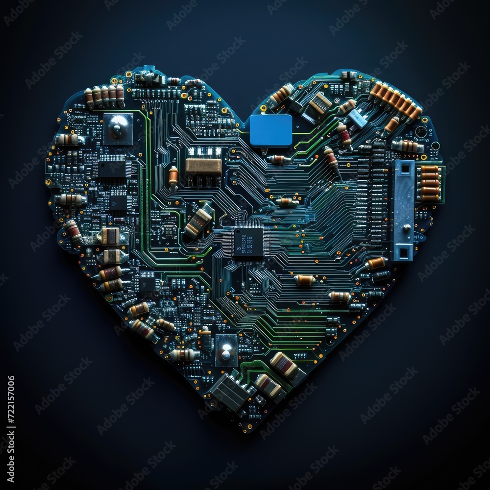 Poster heart shaped like a microchip. technologies and life. ai generative.