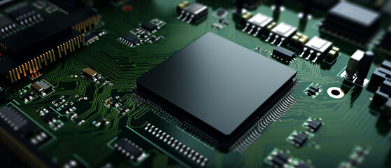 Obraz premium Close-up of Microchip on a Green Circuit Board.