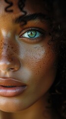 close up portrait of a woman , face with freckles