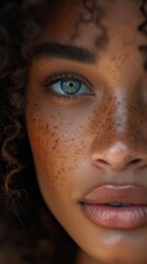 close up portrait of a woman , face with freckles
