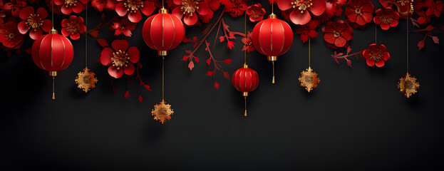 Golden-trimmed Chinese lanterns with abstract floral patterns set against a black matte background, creating a banner for Chinese New Year celebrations.