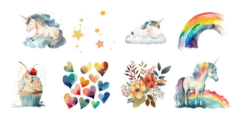 Cute fairytale unicorns, flowers, hearts and rainbows. Watercolor clipart.
