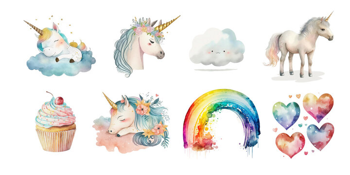 Naklejki Cute fairytale unicorns, flowers, hearts and rainbows. Watercolor clipart.