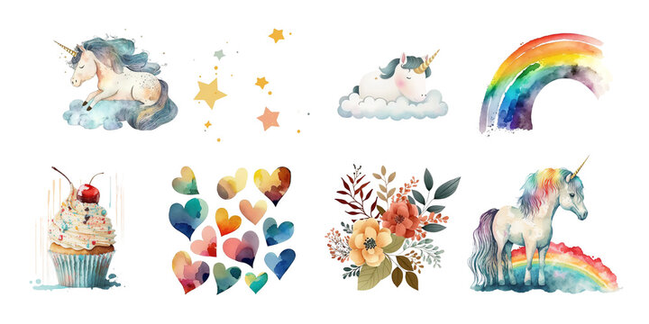 Cute fairytale unicorns, flowers, hearts and rainbows. Watercolor clipart.