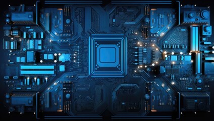 3D rendering quantum processor, quantum computer, Close-up of an electrical circuit board with a CPU, a microchip, and other electronic components. 3d technology Motherboard, futuristic background