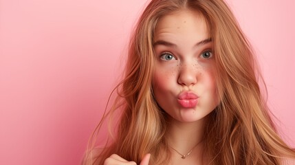 Playful Young Woman with Freckles Puckering Lips on Pink Background