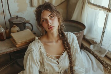 Fototapeta premium Portrait of a young woman with long braid in a rustic setting, showcasing old-world charm through natural light and vintage decor