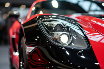 Headlights and hood of sport red car with silver stars. headlight of a super car of red color...