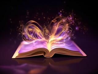 Open book glowing with magic light and sparkles