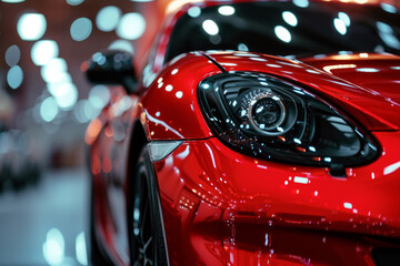 Headlights and hood of sport red car with silver stars. headlight of a super car of red color...