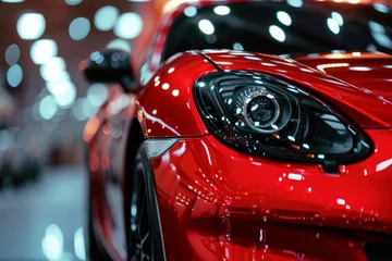 Fotobehang Headlights and hood of sport red car with silver stars. headlight of a super car of red color close-up. modern sports car details. car front light. Close-up view © Nataliia_Trushchenko