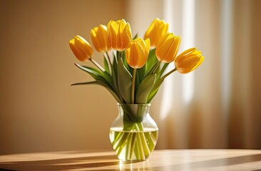 A bouquet of yellow tulips stands in a transparent glass vase on a wooden surface, a blurred background of a window with a curtain, a contour light on the top right