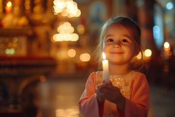 cute smiling little child in girl headscarf holding a candle inside a russian orthodox church - obrazy, fototapety, plakaty