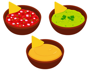 Mexican nachos and dip bowls cartoon drawing set. Tomato salsa, guacamole and cheese sauce. Isolated vector clip art illustration.