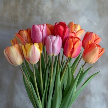 Multi-colored tulips in high resolution, isolated on a gray background.