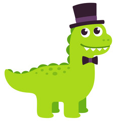 Cute cartoon dinosaur in top hat and bow tie