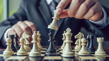 Strategic Move in Chess Game by Businessman Analyzing Board