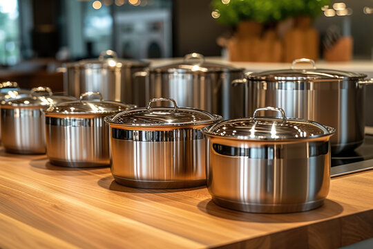 stainless steel pots on the kitchen