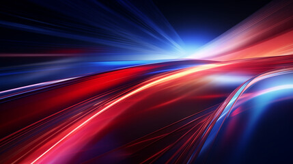 high speed light trails 3d, abstract wallpaper or background, modern technology backdrop, red and...