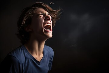 Fototapeta premium A young man expresses intense emotion with a scream, conveying distress and frustration.