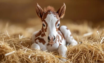 Tuinposter A newborn red and white foal lies in a haystack © Denis