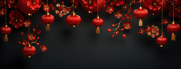 Obraz premium Golden-trimmed Chinese lanterns with abstract floral patterns set against a black matte background, creating a banner for Chinese New Year celebrations.