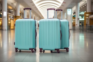 three modern suitcases standing in empty waiting area airport hall, traveler suitcases in airport terminal waiting area with blank space for text message or design, vacation concept