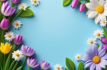 Spring and summer flowers of lilac, white and yellow colors lie around the perimeter of the frame, blue background, banner, top view