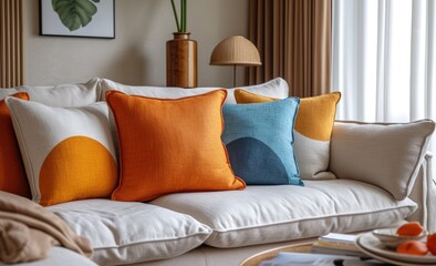 living room with sofa and colorful pillows
