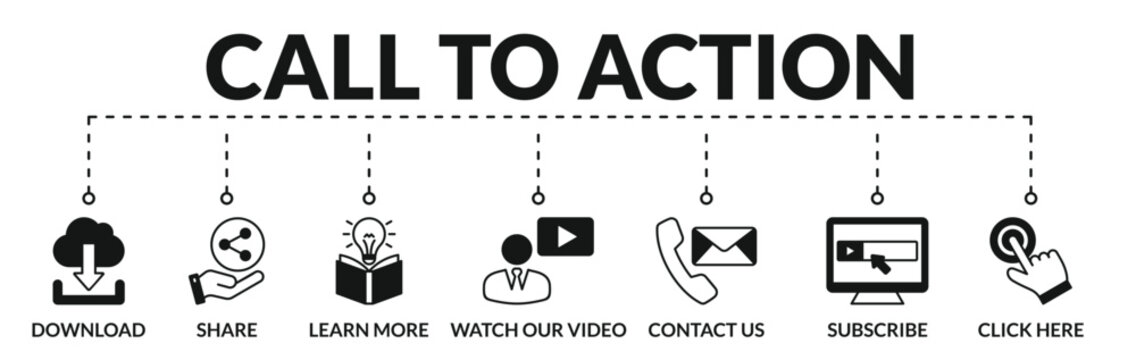 Banner of call to action web vector illustration concept with icons of download, share, learn more, watch our video, contact us, subscribe, click here