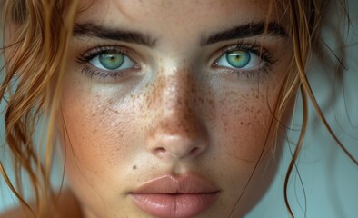 portrait of a girl, fair skin, moles and freckles on her face. glossy photo