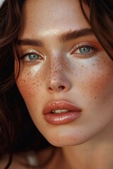 portrait of a girl, fair skin, moles and freckles on her face. glossy photo - obrazy, fototapety, plakaty