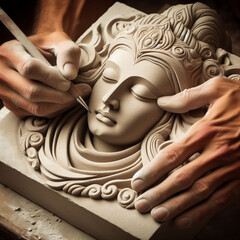 Clouse up das mãos abilidosas de um escultor trabalhando em pedra - obrazy, fototapety, plakaty