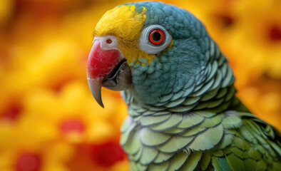 Green parrot with red beak on orange background