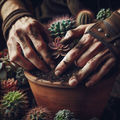 Clouse up das mãos abilidosas de um paisagista jardineiro palntando uma planta rara - obrazy, fototapety, plakaty