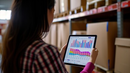 Business Analyst Reviewing Inventory Data on a Tablet in Warehouse