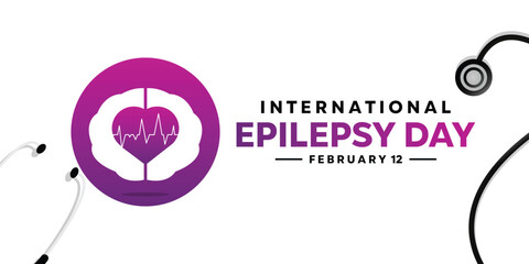 International Epilepsy Day February 12. Stethoscope, brain, heart and more. Banner, poster, card. Purple Background